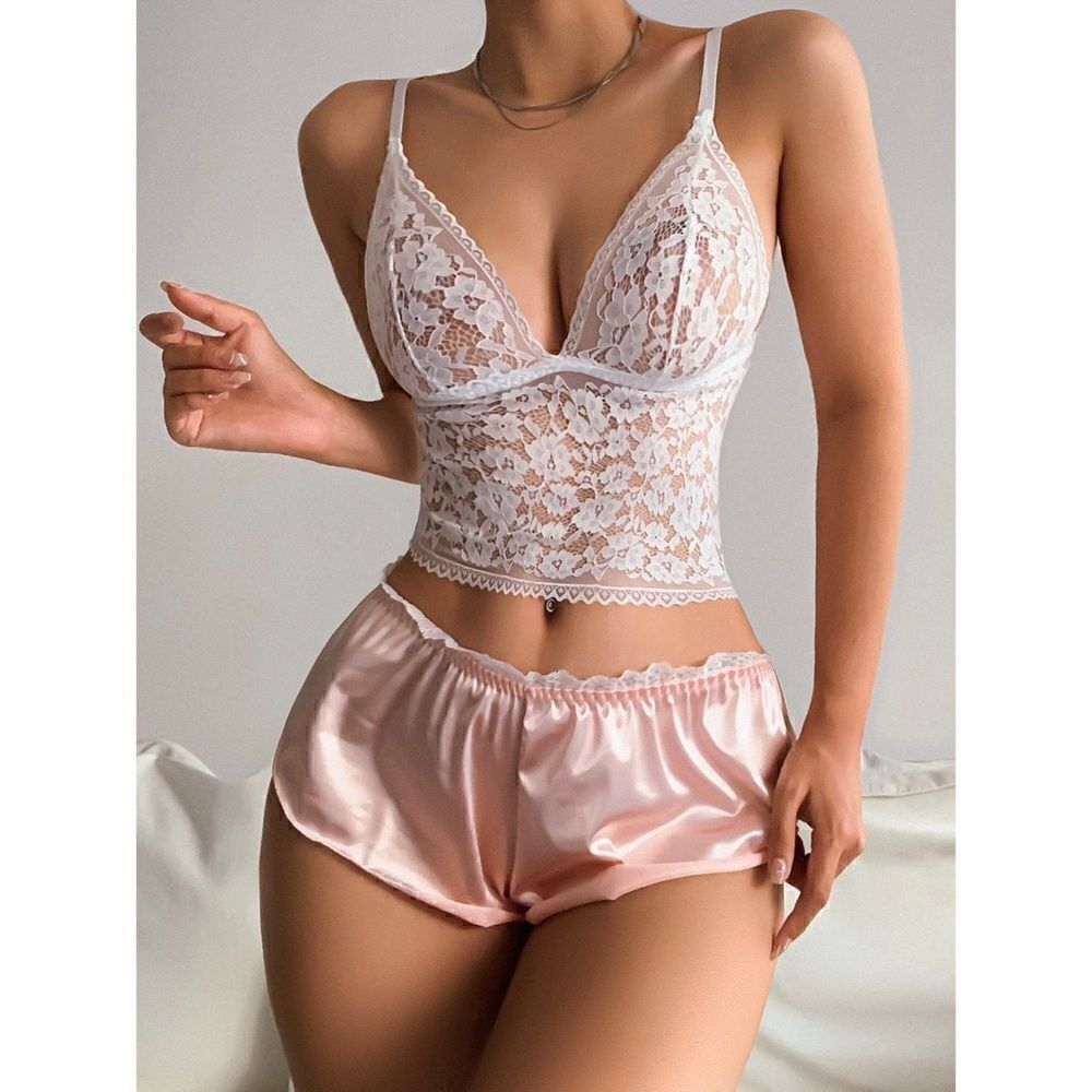 Floral Lace Bralette Silky Satin Shorts Sleepwear Set